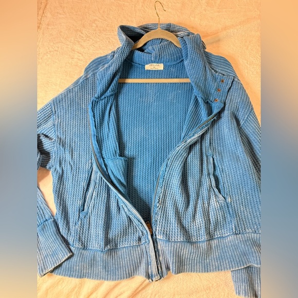 Acid Wash Cotton Waffle Hooded Zip-Up Jacket - Picture 4 of 10